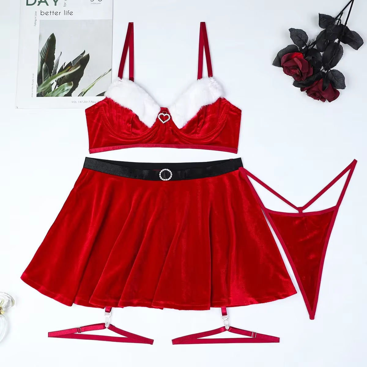 Christmas Erotic Set Solid Color Deep V Neck